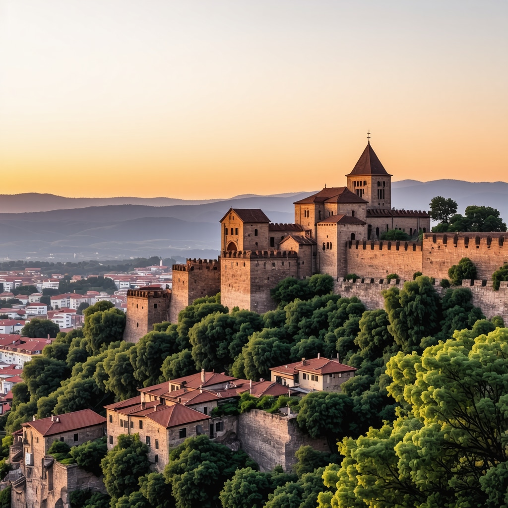 Beautiful sunset over Veliko Tarnovo with fortress in the foreground
