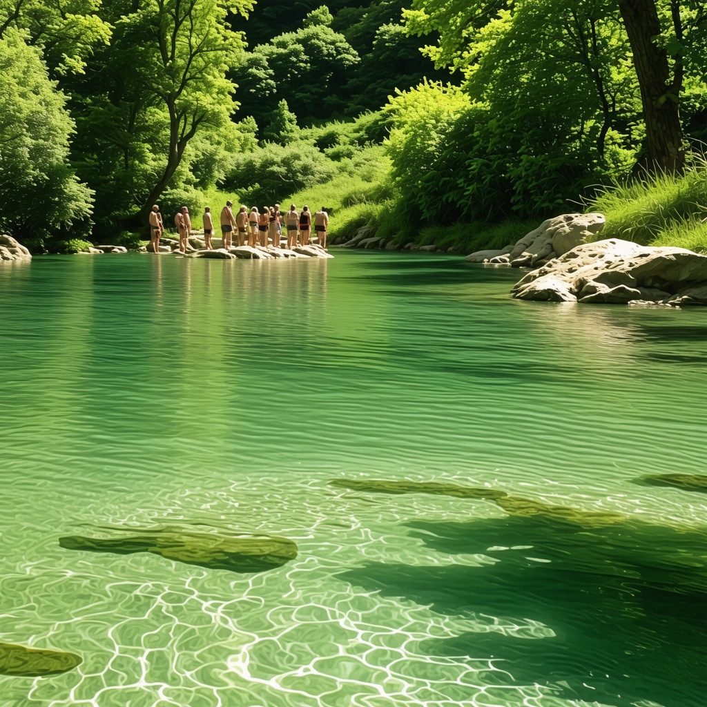 Tourists enjoying an eco-tour at Vrelo Bosne park with clear spring waters and vibrant greenery