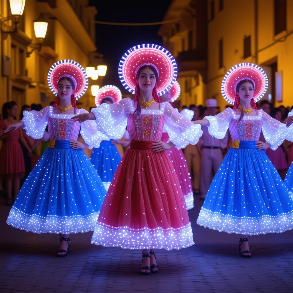 Traditional dancers in colorful costumes performing at Xanthi festival with digital light projections blending tradition and modernity