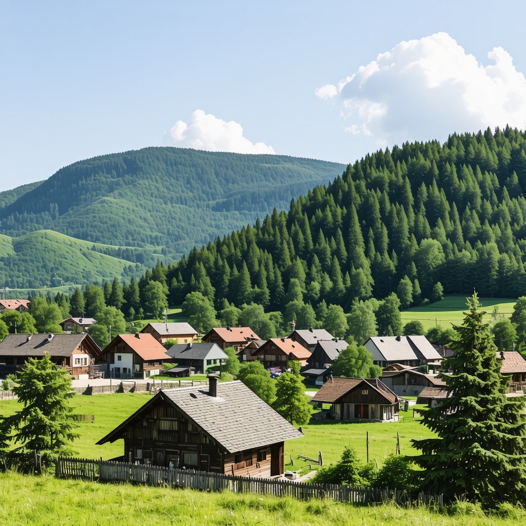 Panoramic view of Zlatibor mountains with greenery and traditional village houses.