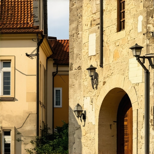 Scenic view of Balkan historic architecture with old buildings and landmarks