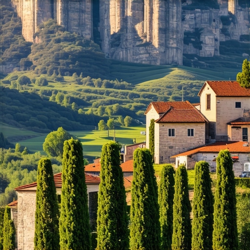Balkan Landscape with Mountains and Villages Scenic view of Balkan mountains, traditional villages and historical architecture
