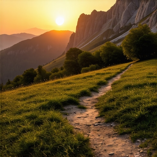 Sunset over Balkan mountains with hiking trail