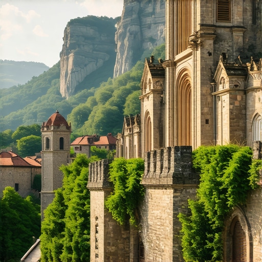 Panoramic view of Balkan mountains with historical sites and lush greenery.
