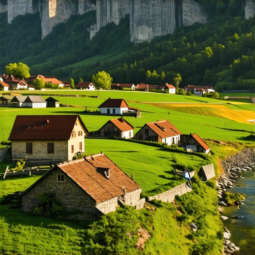 Scenic view of Balkan village with river and mountains