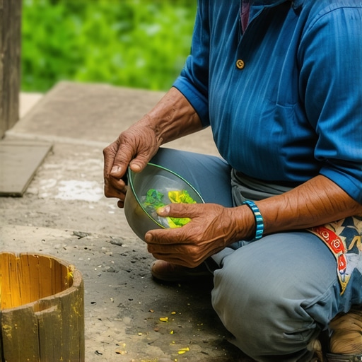 A person engaging in a local heritage preservation activity, surrounded by artifacts and nature