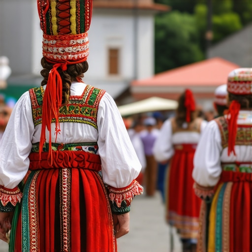 Vivid scene from a cultural festival in Prizren with traditional costumes and lively crowd