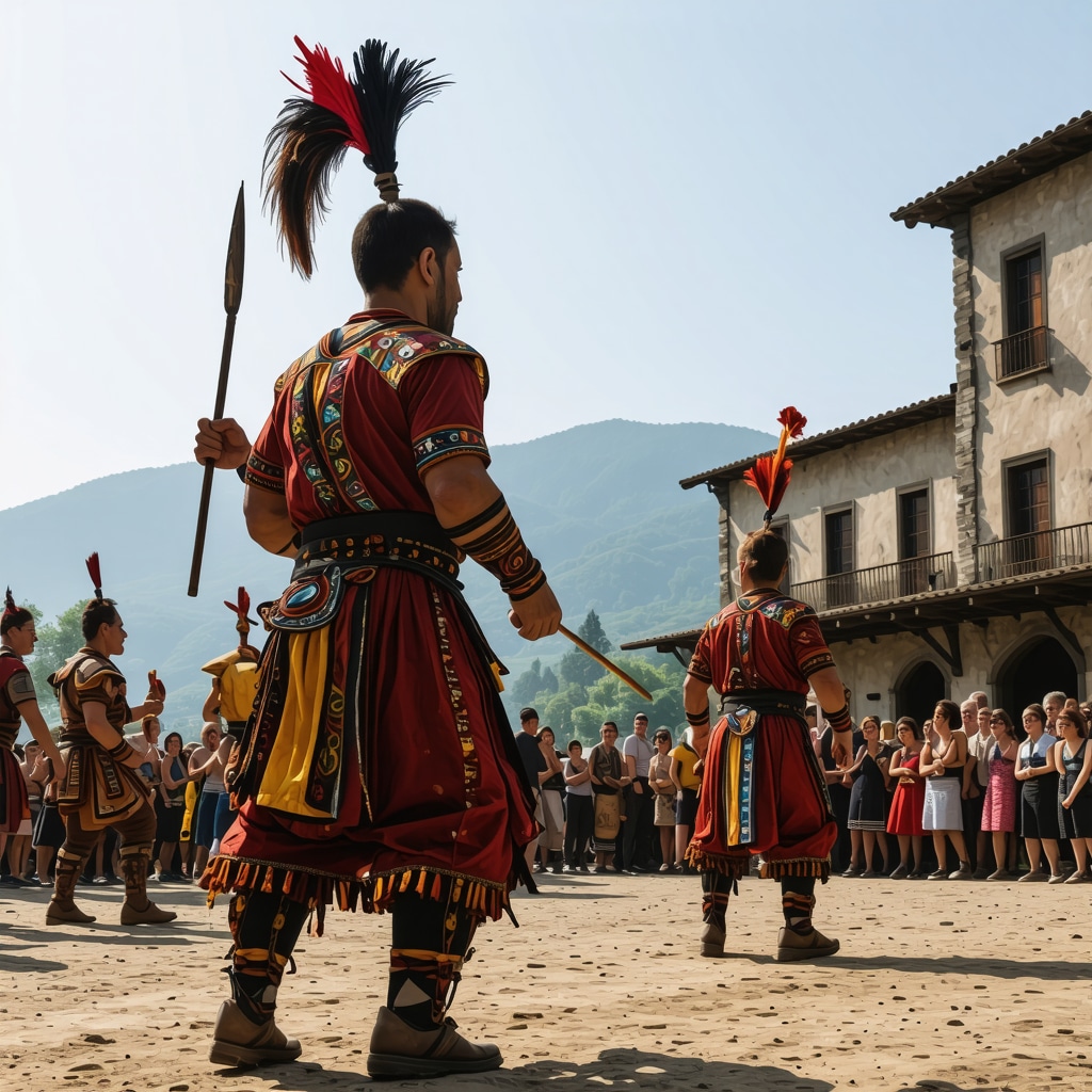 A vibrant scene showing a local festival with sports activities and traditional architecture on the Balkan