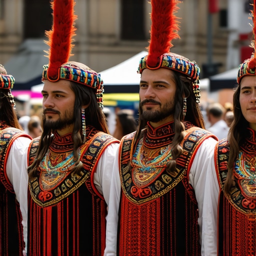 Digital Cultural Festival in the Balkans A vibrant Balkan cultural festival showcasing traditional costumes alongside digital displays