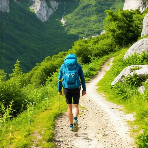 A hiker trekking through a mountain trail in Rožaje with scenic views