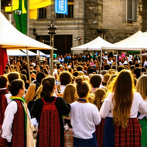 Crowd enjoying a cultural festival in Priština with performers in traditional costumes