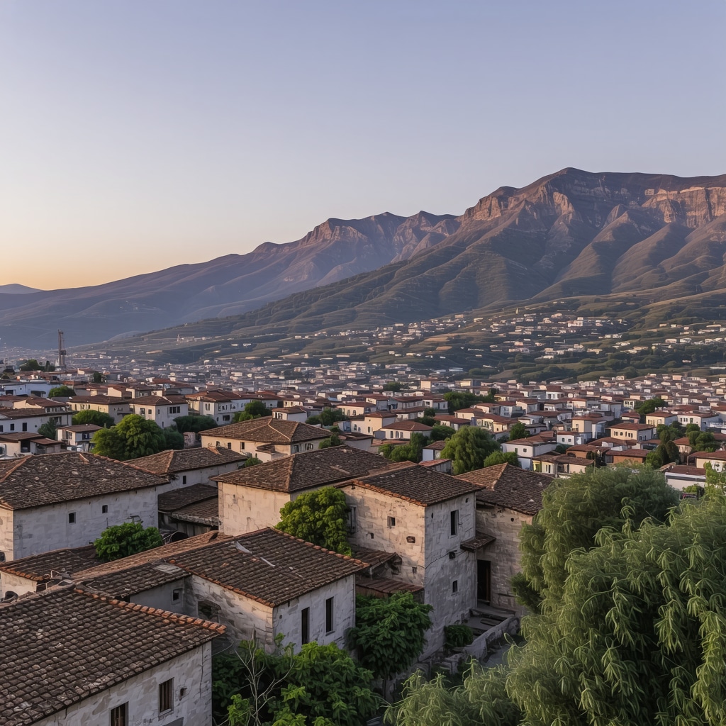 Panoramic sunset view of Gjirokaster's historic cityscape with mountains