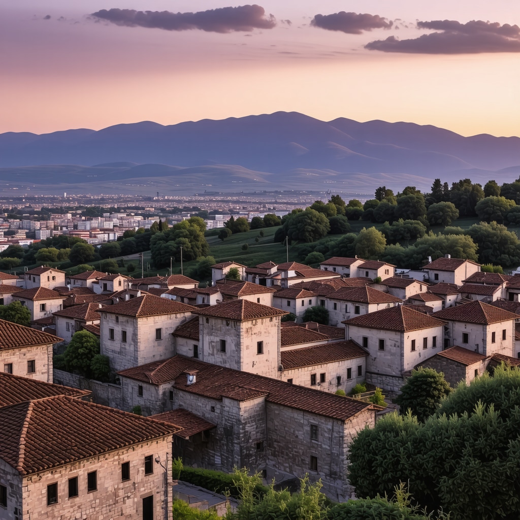 Panoramic view of Gjirokaster's historic architecture with mountains at sunset