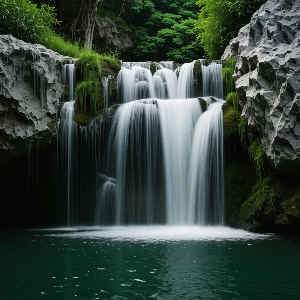 Serene hidden waterfall in lush greenery during early morning in Plitvička jezera
