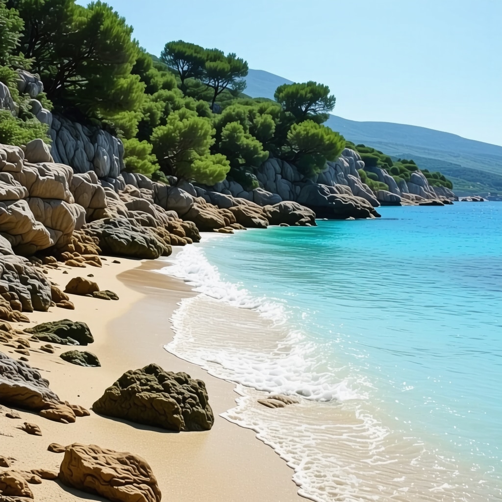 Scenic view of Ksamil beach with turquoise water and green cliffs