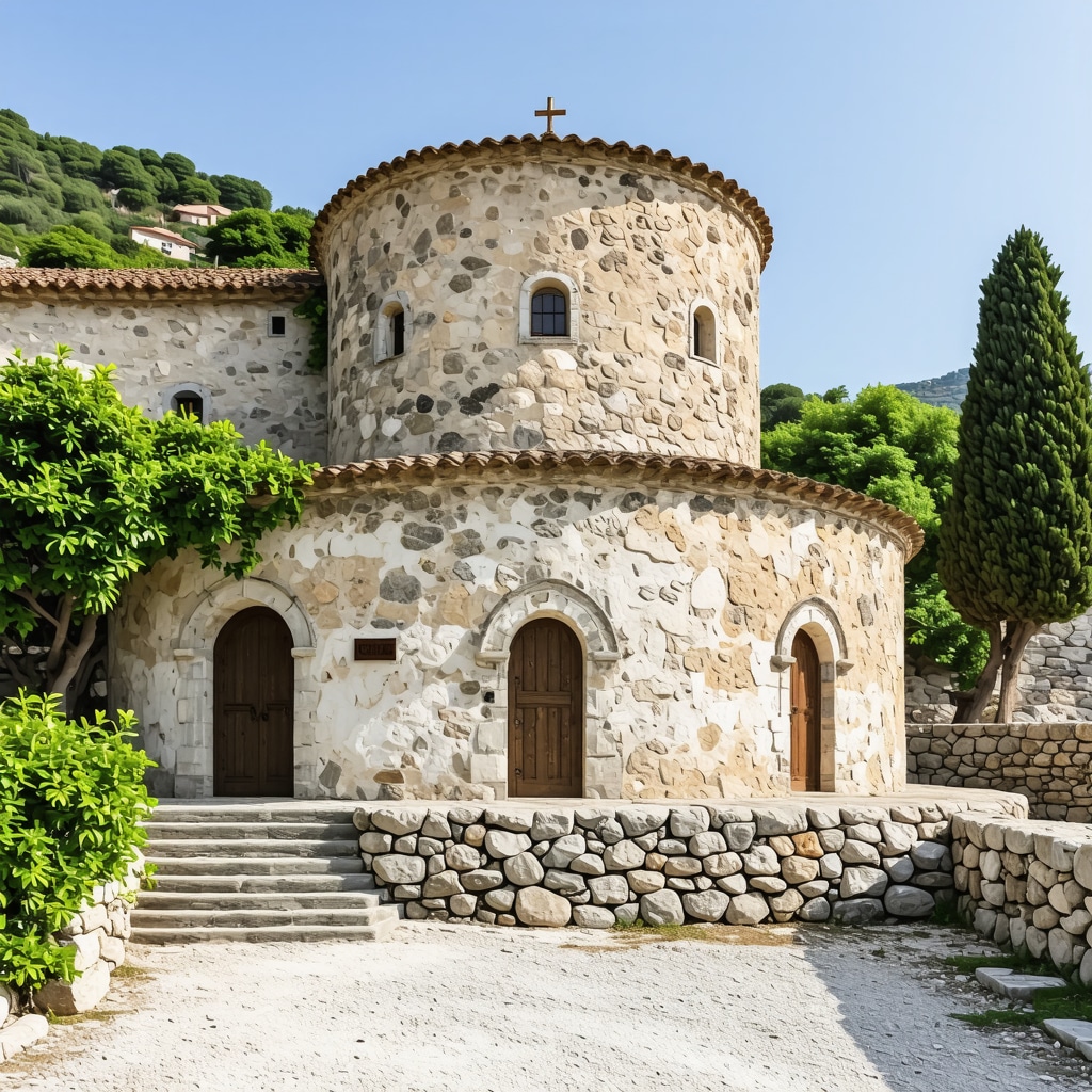 Detaljan prikaz manastira i muzeja u Budvi, sa bogatom arhitekturom i zelenilom