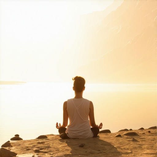Person meditating at sunrise in Bohinj with mountains and lake
