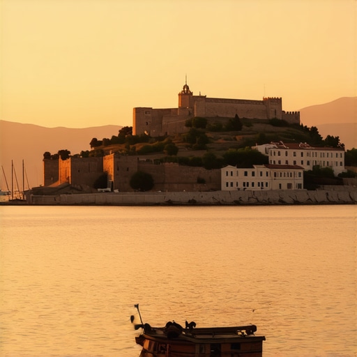 Beautiful sunset over Nafplio harbor with Palamidi Fortress in the background, illustrating the scenic allure of the Greek town.