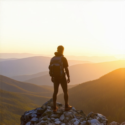 Hiker on mountain peak at sunrise with scenic view