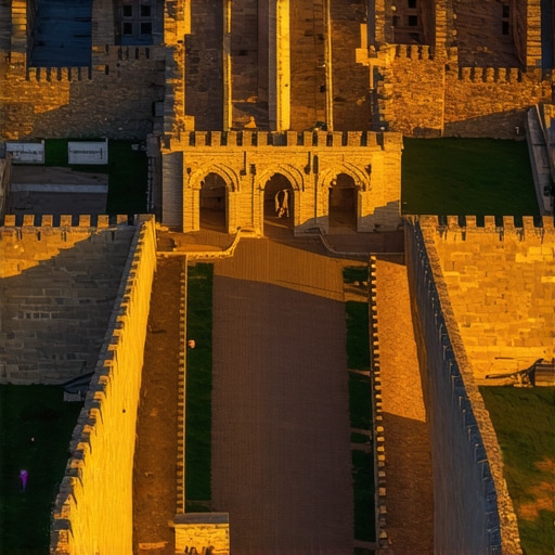 Aerial view of Arad's historic fortress and museums at sunset, showcasing cultural landmarks and scenic landscape
