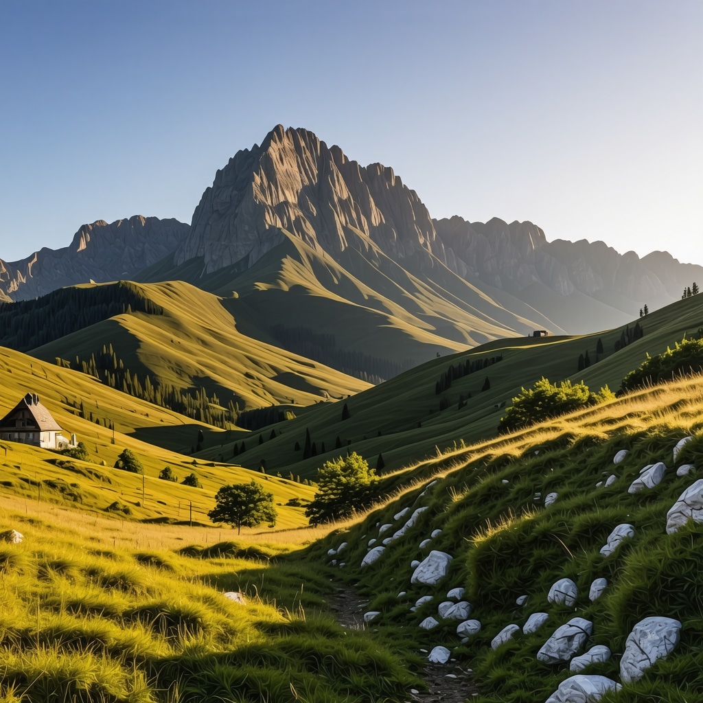 Scenic sunrise over Balkan mountain range with lush forests and peaks