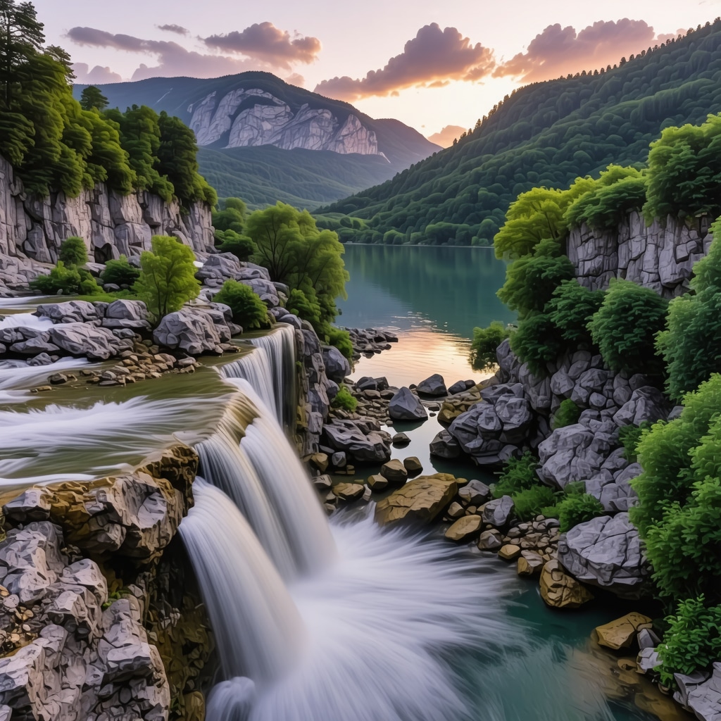 Scenic landscape of Jajce with waterfalls and mountains at sunset.