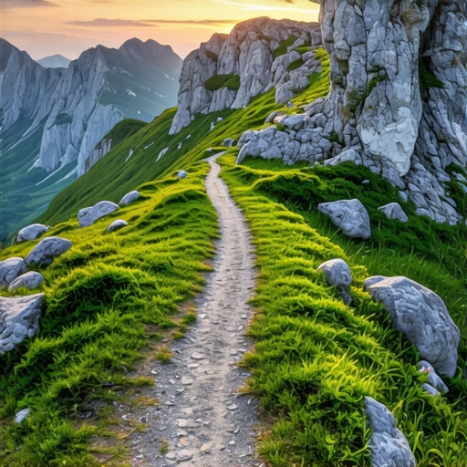 Scenic panorama of Lovćen mountain with hiking trail and sunset