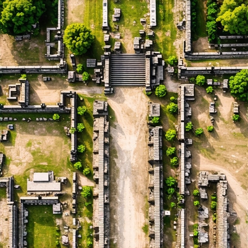 Aerial view of archaeological site with ancient ruins and lush landscape