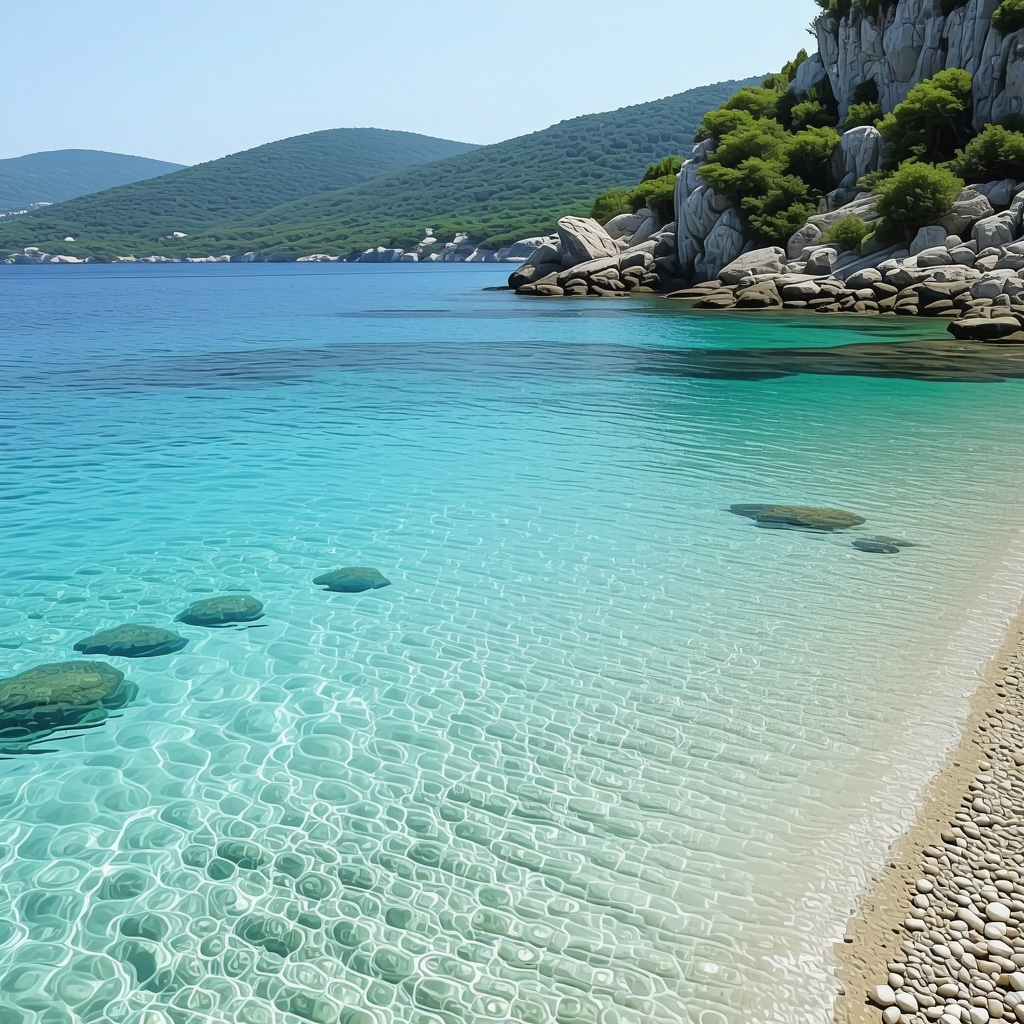 Beautiful pristine bay in Ksamil with clear waters and lush landscape.