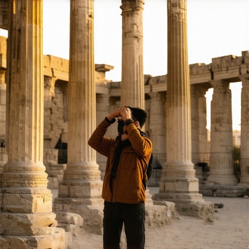 Photographer capturing ancient ruins at sunset with warm lighting