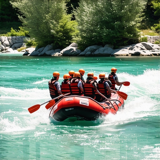 Rafters navigating rapids in a lush river canyon in Croatia.