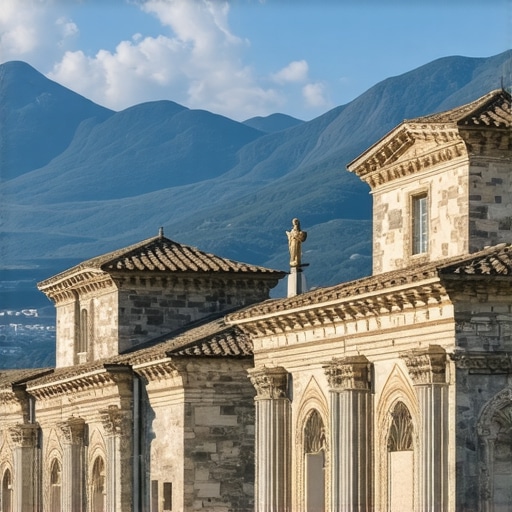 Beautiful Balkan mountain landscape with ancient ruins and vibrant scenery