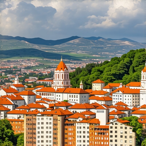 Panoramic view of Novi Pazar with historic landmarks and mountains