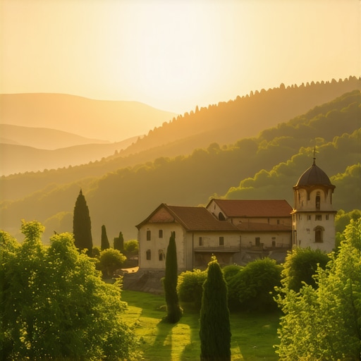 Sunrise over an ancient Balkan monastery nestled in nature, evoking spirituality and tranquility.