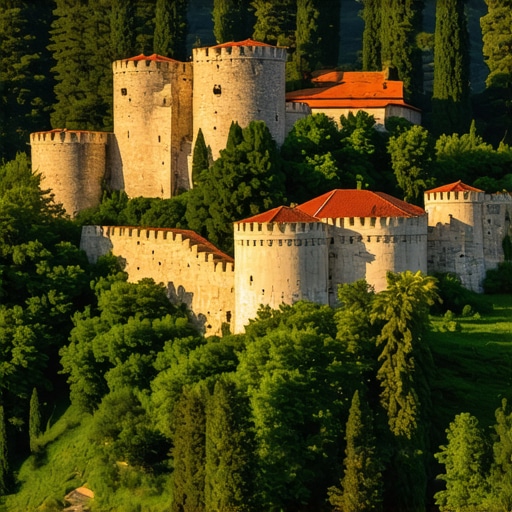 View of Soko Grad fortress on a green mountain with surrounding landscape