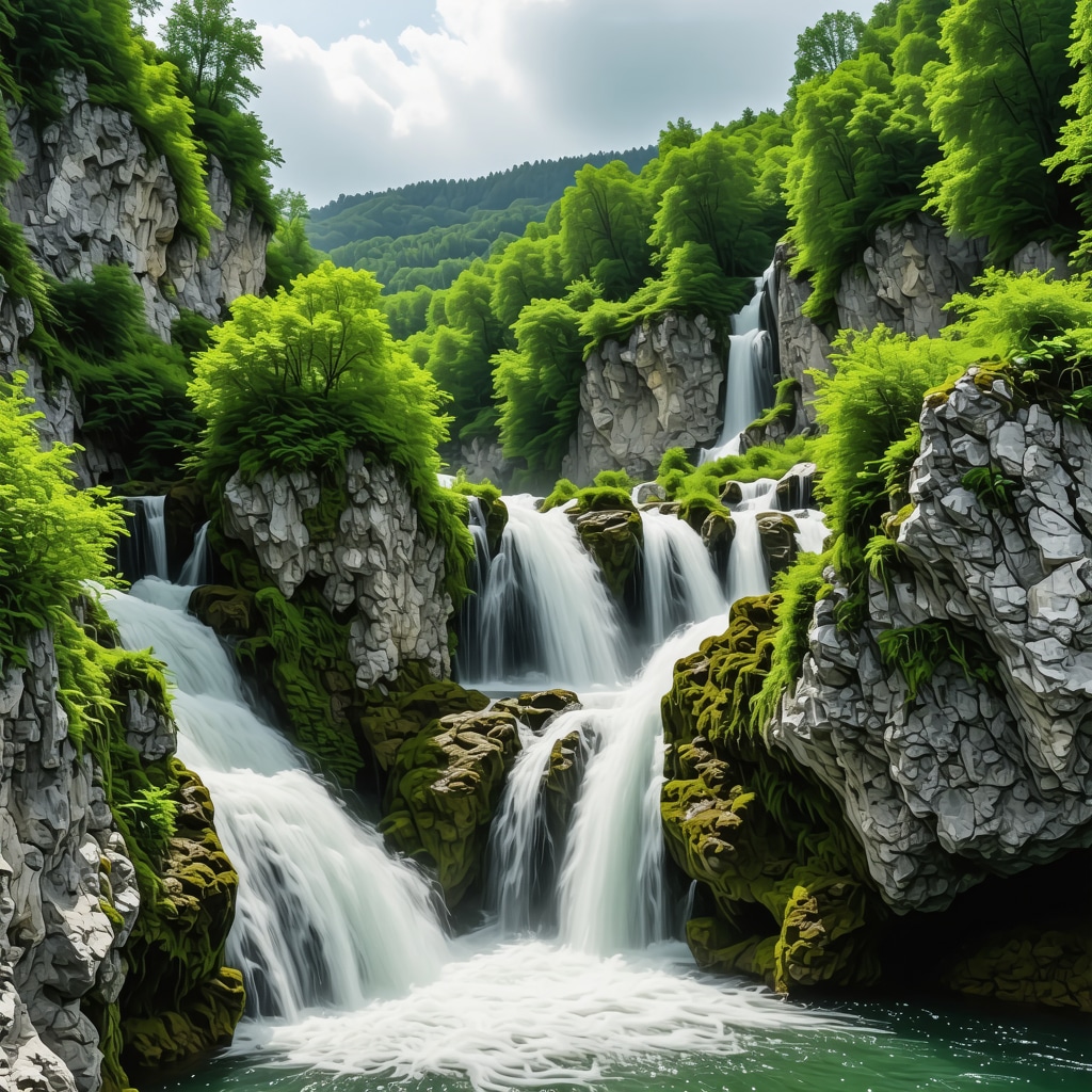 Waterfalls and lush greenery in Plitvička jezera during sunset