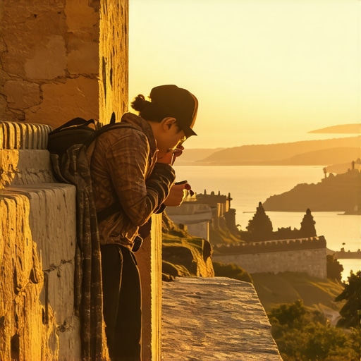 Photographer capturing ancient fortress during sunrise with warm light