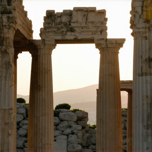 Ancient Greek ruins at sunrise with dramatic lighting and textures