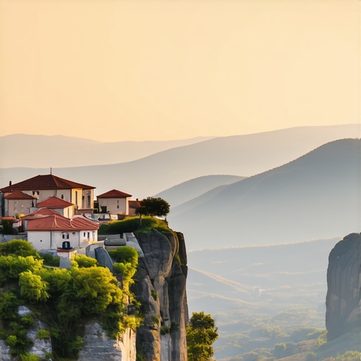 Beautiful sunrise view of Meteora monasteries highlighting natural scenery and historic architecture.