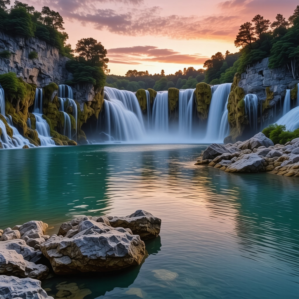 Sunrise over Plitvička Jezera with waterfalls and vibrant sky
