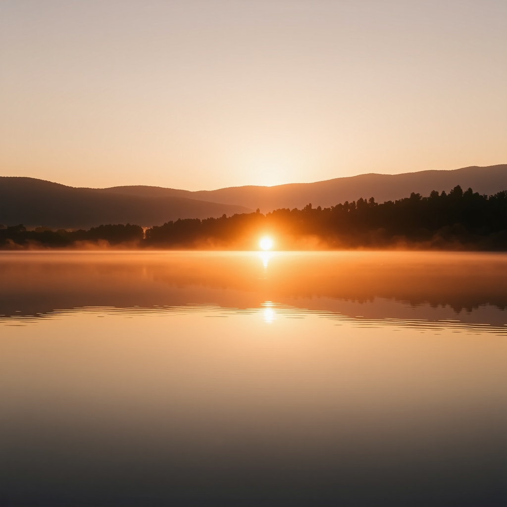 Sunrise illuminating Plitvička jezera with mist and reflections