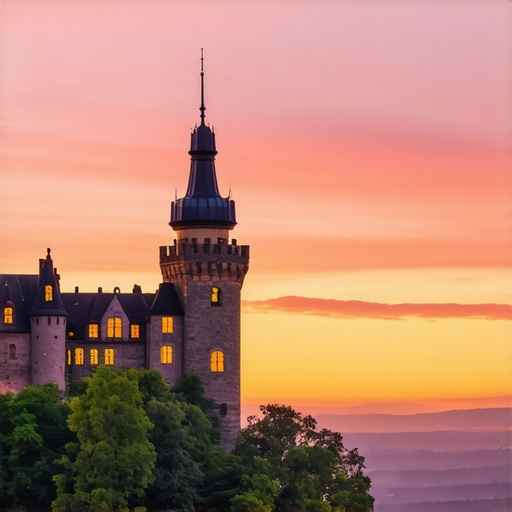 Sunset illuminating a historic European castle with vibrant sky colors