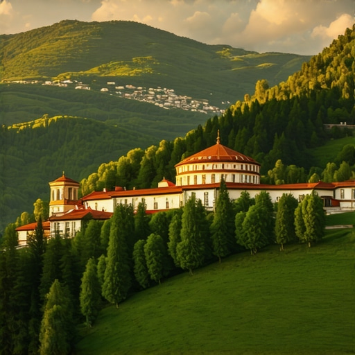 Sunset view of Rila Monastery with mountains in the background