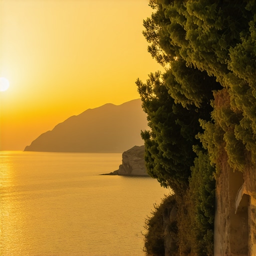 Beautiful sunset casting warm glow over Himara's coast with mountains in the background