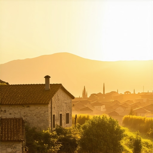 Sunset illuminating traditional Balkan houses in a secluded village