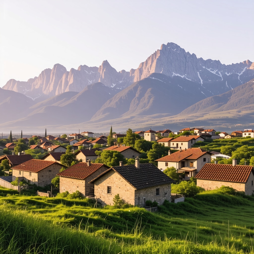 Balkan village landscape at sunset