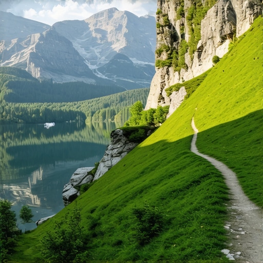Bohinj Lake with surrounding mountains and hiking trail at sunset