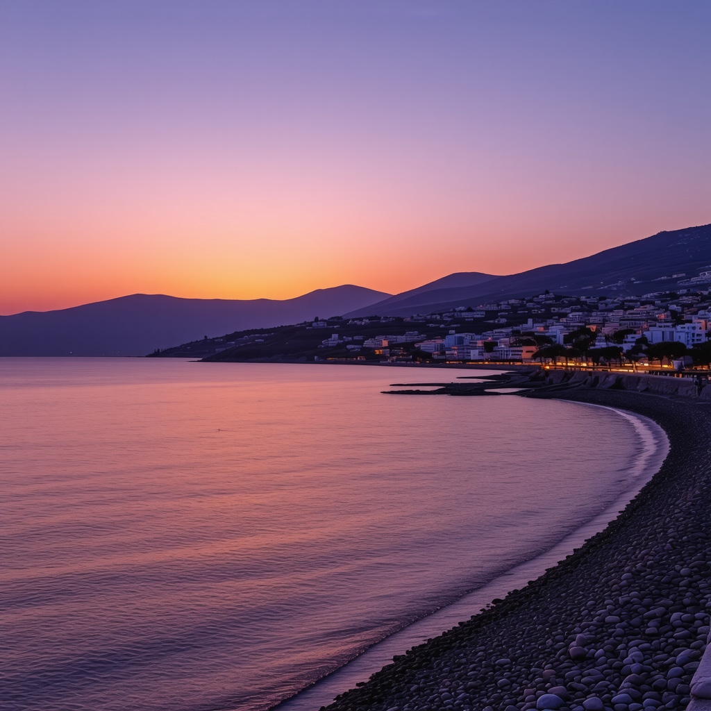 Sunset view of Budva's beach with colorful sky and calm sea