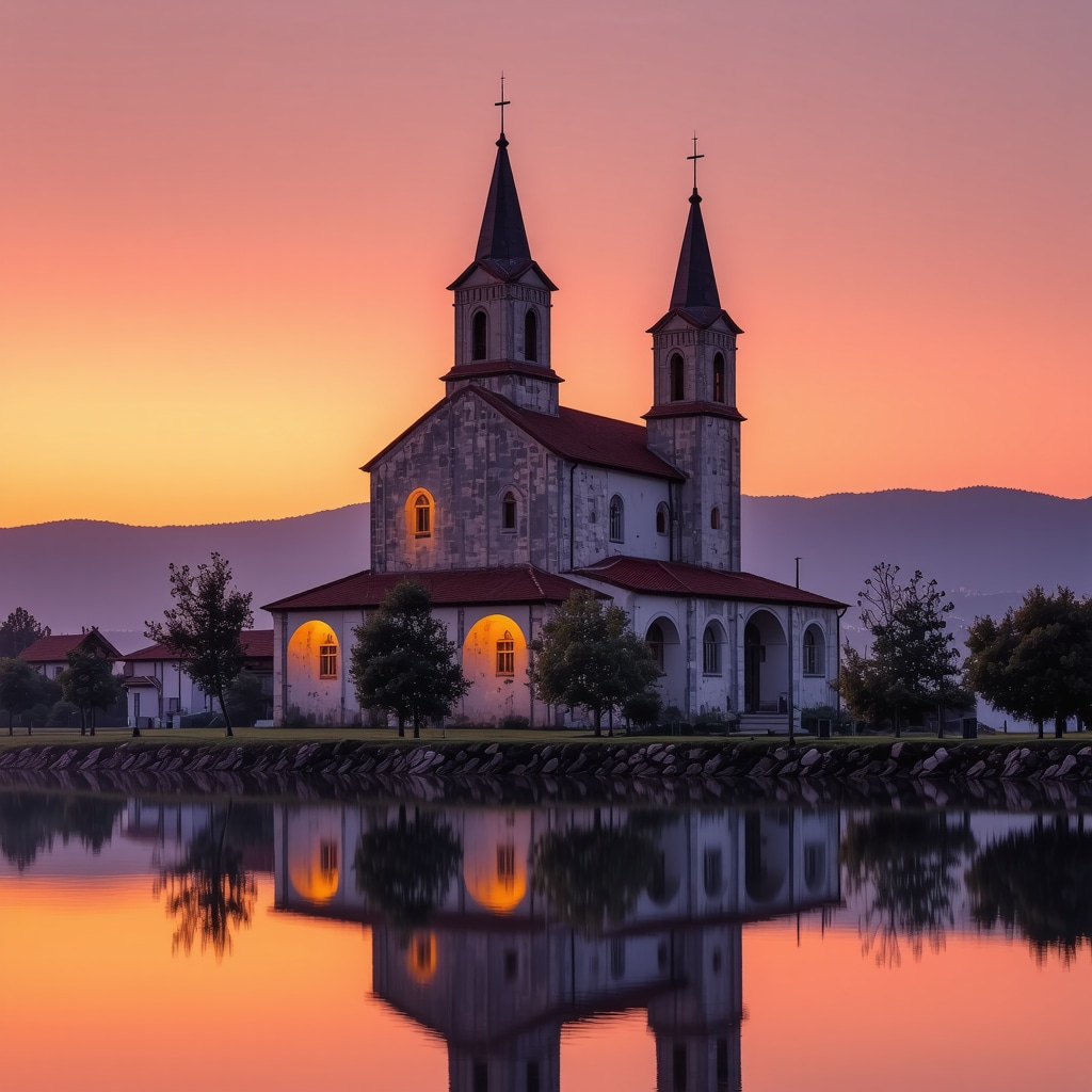 Gračanica monastery at sunset with vibrant sky and tranquil surroundings