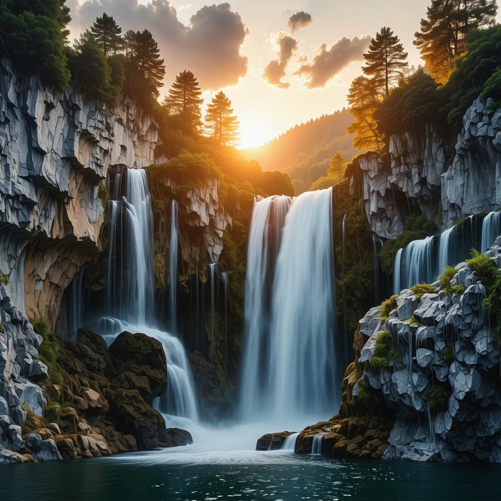 Beautiful sunset view of Jajce waterfalls and lush surrounding nature.